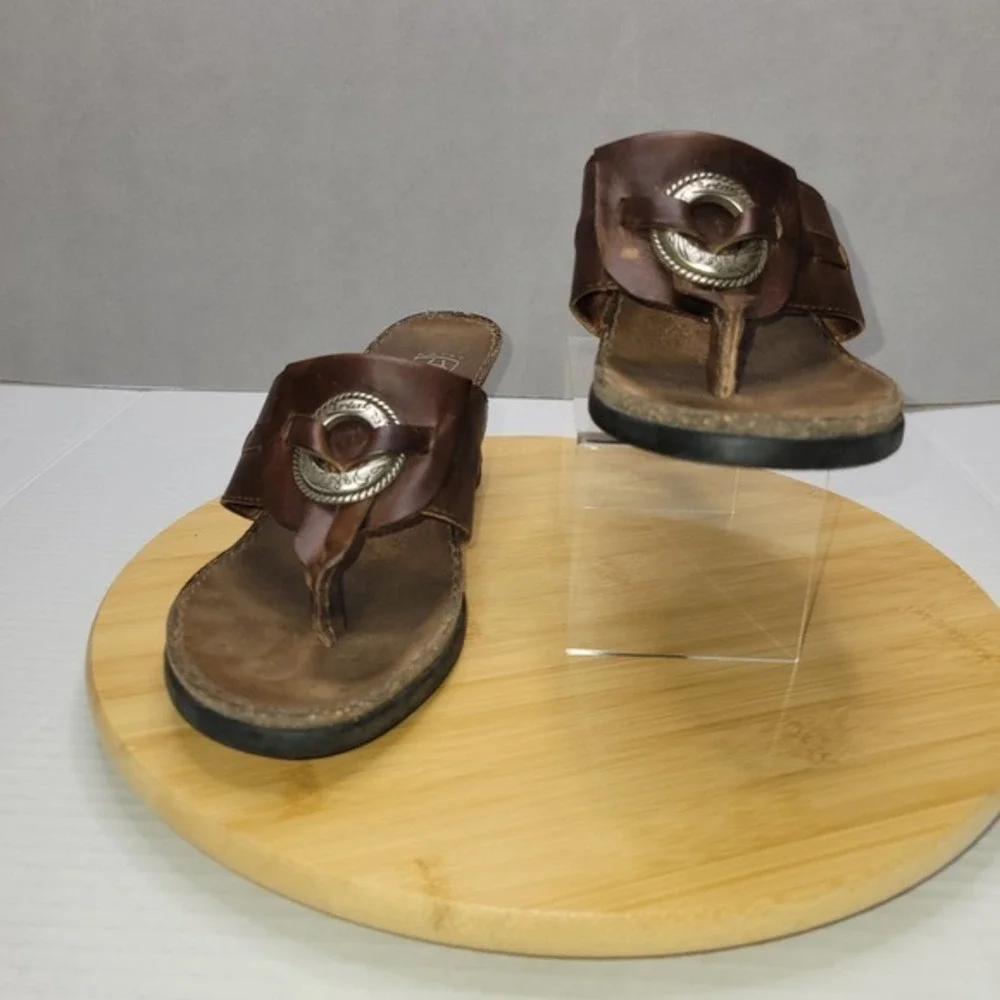 Ariat Wedge Sandals Women 7.5B Brown Leather Western‎ Buckle Thong Shoes